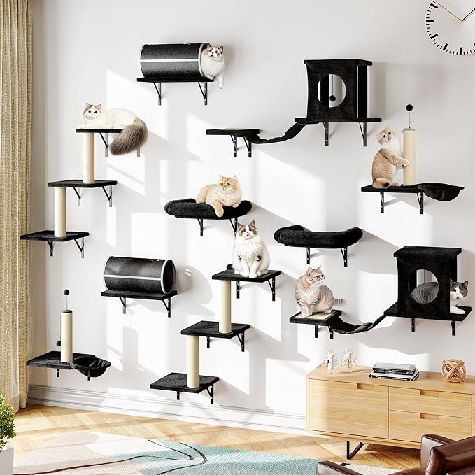 NUNU LAB 14-in-1 Cat Wall Shelves Set, Wall-Mounted Cat Climber with Bridge, Tunnel, House, Scratcher, Steps, Indoor Space-Saving Furniture for Kittens Play, Gray