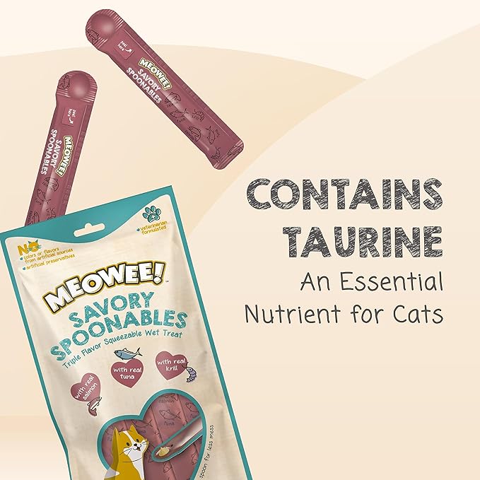 MEOWEE! Savory Spoonables with Real Salmon, Tuna and Krill for Cats, 4 Count, Treat Your Cat to Triple Flavor Squeezable Lickable Wet Treats with Built-in Spoon for Less Mess (Pack of 2)
