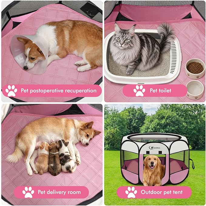 Pink Puppy Playpen for Middle Dog Cat, Dogs Tent Crate Cage Indoor/Outdoor, Portable Pop Up Dog Kennel with Carrying Bag for Rabbits, Removable Top (Pink with Pad, Large)