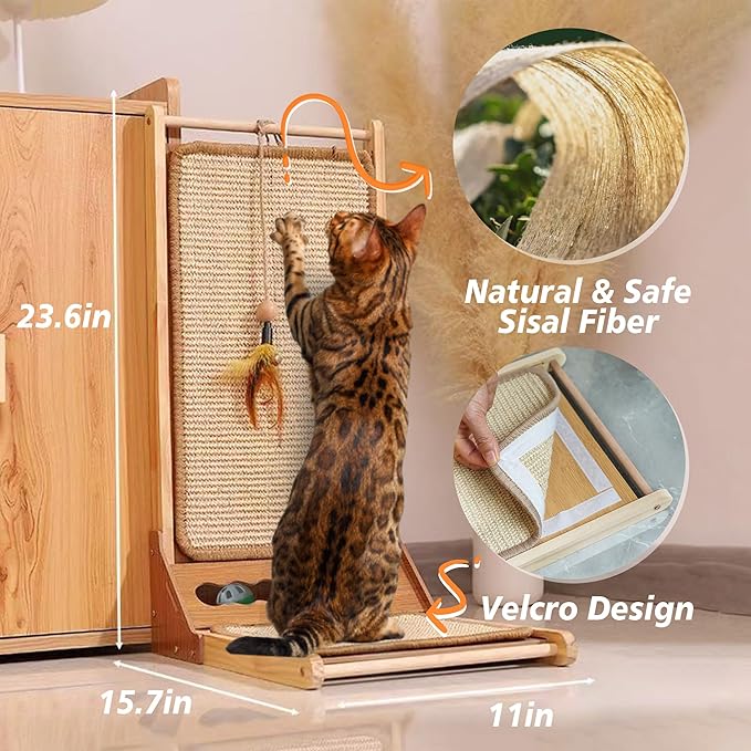 Cat Scratcher, 23.6in Sisal Scratching Pad, L Shape Scratch Pad Wall Mounted with Ball Toy for Indoor Cats, Durable Natural Sisal Cat Scratch Furniture Protector