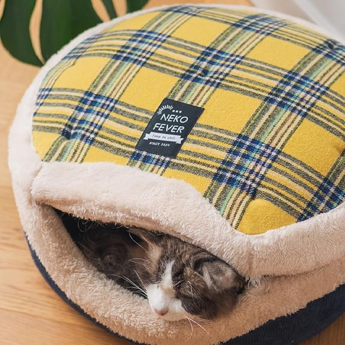 Cat Cave Bed – Enclosed Self Warming Hideaway with Detachable Lid & Mat, Covered House for Indoor Kitten & Kitty (Redwhite)