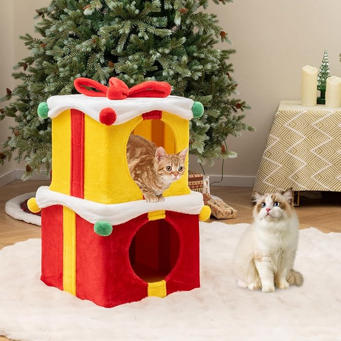 Tangkula Gift Box-Shaped Cat House, Christmas 2-Story Cat Condos, Stackable & Free Combination Kitten Tower, Soft Plush Covered Hideaway Cat Beds Caves for Indoor Kittens