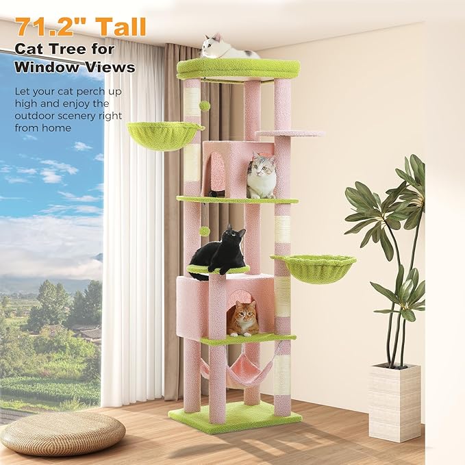 MUTTROS Flower Cat Tree for Large Indoor Cats, 71.2-Inch Tall Multi-Level Cat Tower with Scratching Posts, 3 Soft Hammocks, 2 Large Condos, Super Big Perch & Pompoms for Multi-Cat Households, Pink