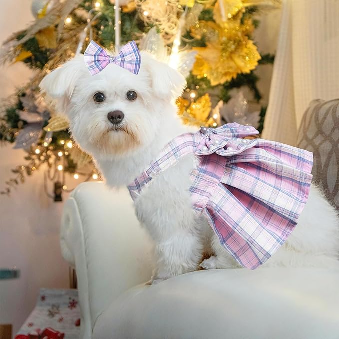 Dog Dress Bowknot Harness Leash Set for Small Dogs Girl Cute Plaid Dog Dress Pearls Bow Tie Spring Summer Princess Clothes Birthday Holiday Doggie Outfits for Puppy Cats Girl Apparel (Black, Small)