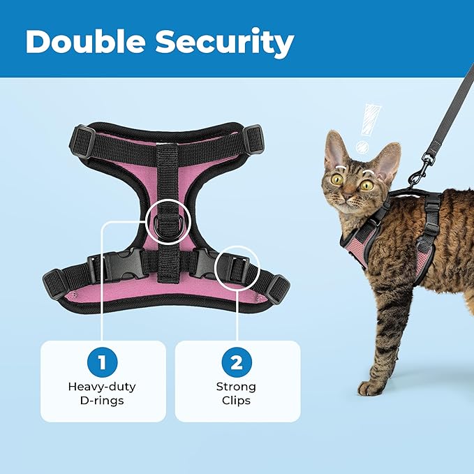 Voyager Escape-Proof Step-in Lock Cat Harness & 5ft Neoprene-Handle Leash Set All-Weather Mesh with Reflective Stitching for Small to Large Cats by Best Pet Supplies, Black Trim-Pink (327), XXS