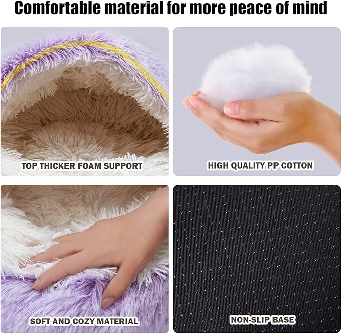 FORMYCATIE Cat Beds for Indoor Cats,Cat Cave for Puppy and Kitty,Calming Small Dog Bed for Small Dogs with Cover Cave,Cozy Warming Fluffy Washable Anti-Slip Pet Sleeping Bag(20 * 20inch,Purple)