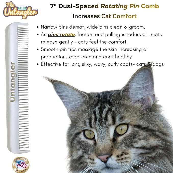 Cat Comb - 7" Dual-Spaced with Silky Smooth Rotating Teeth (White Sheen), Stainless Steel, for Cat Hair and Fur