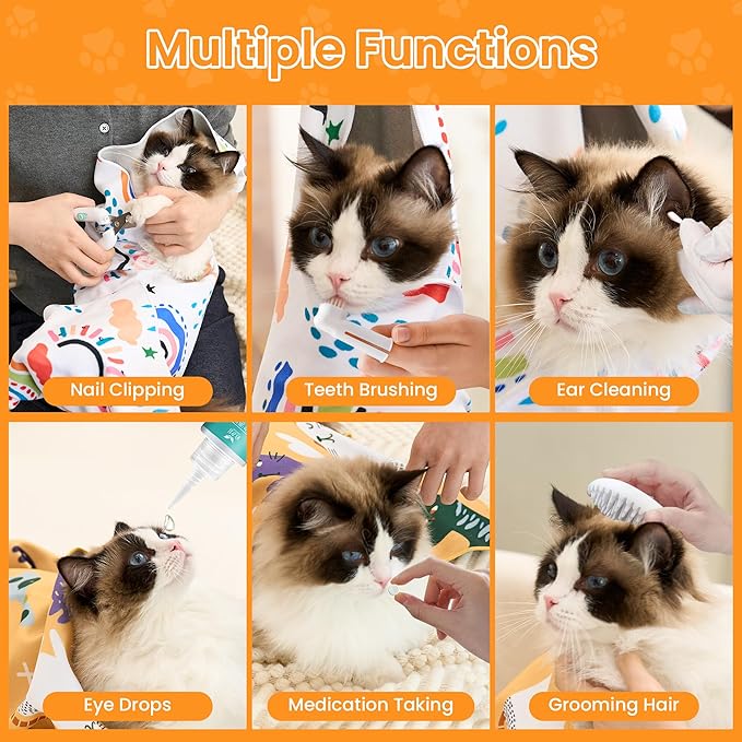 21.7'' Cat Grooming Wrap for Cutting Nails Self-Adhesive Soft Polyester Fabric Swaddle Wrap for Cats Anti-Scratch Anti-Escape Restraint for Nail Clipping Pet Cleaning and Beauty (Rainbow,L)