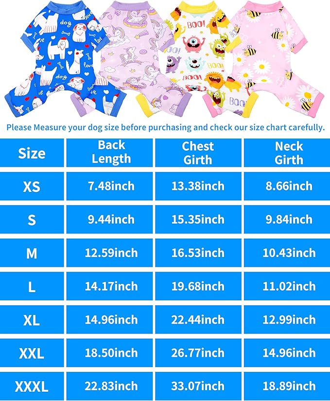 PET SHOW 4 Pack Small Dog Pajamas Dog Clothes for Medium Dogs Girl Boy Soft Stretchy PJs Bee Unicorn Jumpsuit Puppy Monster Paw Jammies Onesies Outfits with Sleeve Pets Costume, M