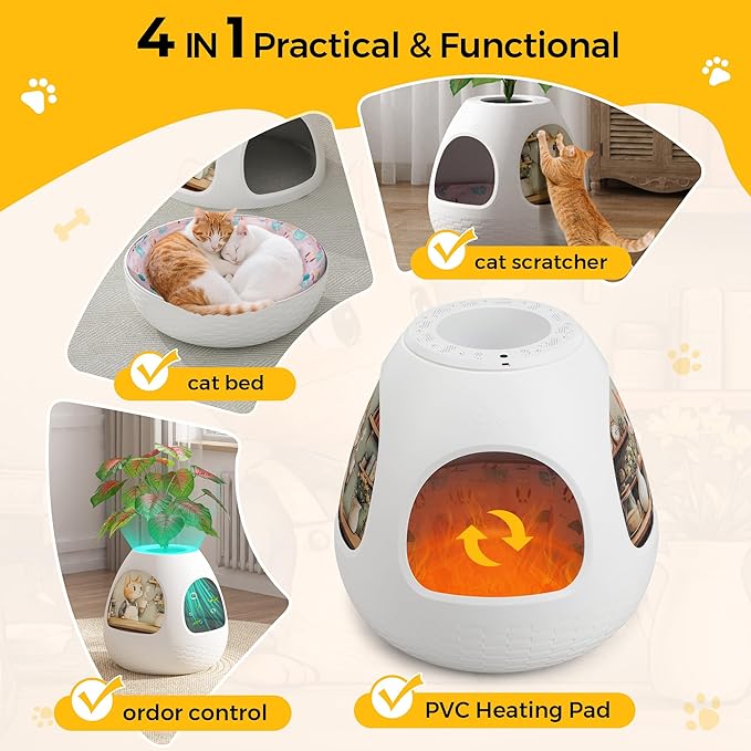 Copod8 Cat Beds for Indoor Cats 4-in-1 Cat Bed Cave Kitten House with Replaceable Scratching Board, Heating Pad, Air Purifier and Artificial Plant for Cats Rabbits Guinea Pigs Small Dogs (White)