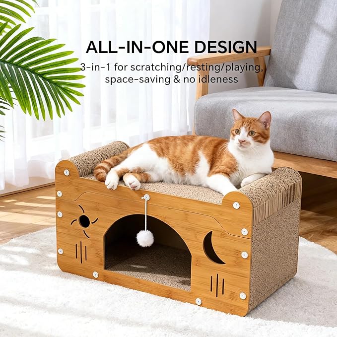 Wooden Cat Scratching House: 3-in-1 Cave, Bed, and Toy Hideaway - – Durable Indoor Hideaway Furniture for Cats & Kittens