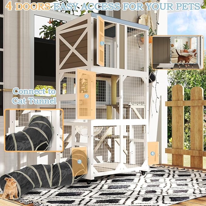 Ketive 64" Large Wooden Catio Outdoor Cat Enclosure, Window Cat House with Wheels & 3 Platforms, Kitty Cage with Weatherproof Roof for Multiple Cats (Gray)