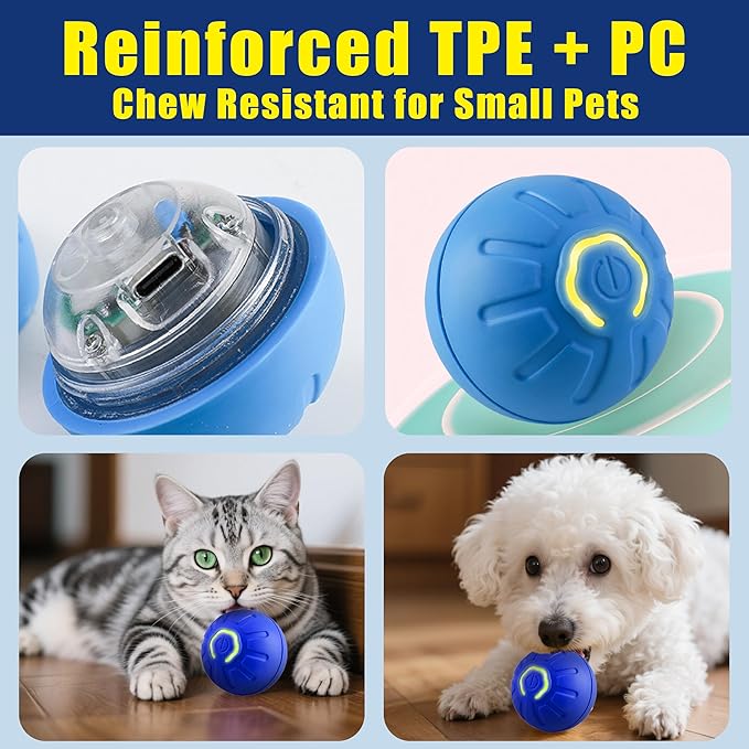 Interactive Self-Moving Pet Toy Ball - Motion-Activated Auto Rolling, Military-Grade Chew Resistant, USB-C Rechargeable for Small Dogs & Cats (Blue, Small