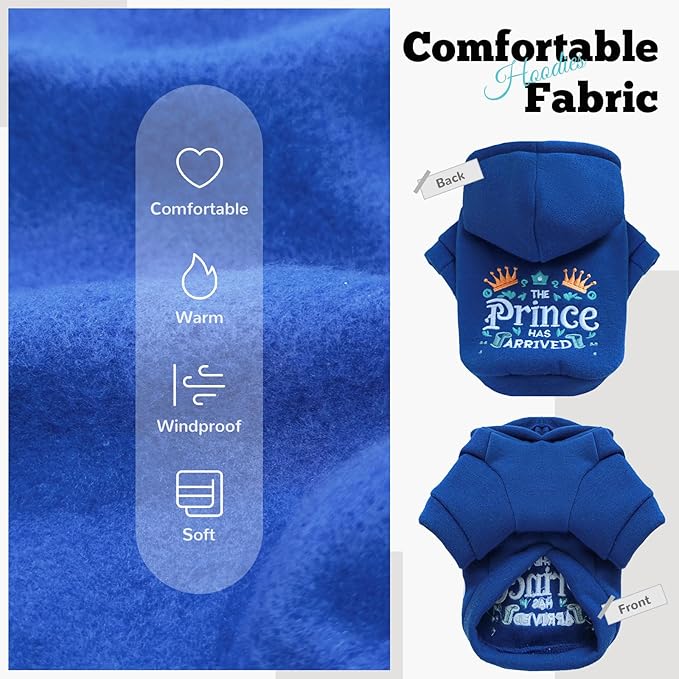 ABRRLO Small Dog Hoodie Clothes Cute Blue Prince Fleece Dogs Sweater for Small Dog Cat Boy Warm Puppy Sweatshirt with Leash D Ring Fall Winter XS Pet Doggy Outfit Chihuahua Yorkie Shihtzu(Blue,XL)