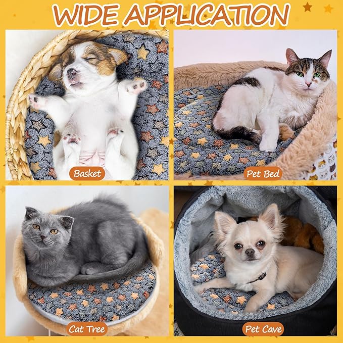 VitalCozy 2 Pack Self Heating Cat Pad Self Heating Cat Bed Machine Washable Heat Pet Mat Reversible Body Thermal Warm Round Dog Bed Crate Blanket for Feral and Indoor Cats(16'',Star)