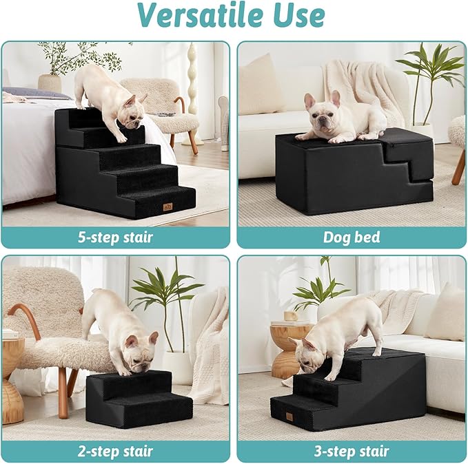 COZY KISS Dog Stairs for Small Dogs, 17.7" Extra Wide Detachable Pet Stairs for Couch and Bed, 23.6" H Non-Slip Dog Steps for Puppies and Old Cats, 17.7x29.5x23.6 inch, Black