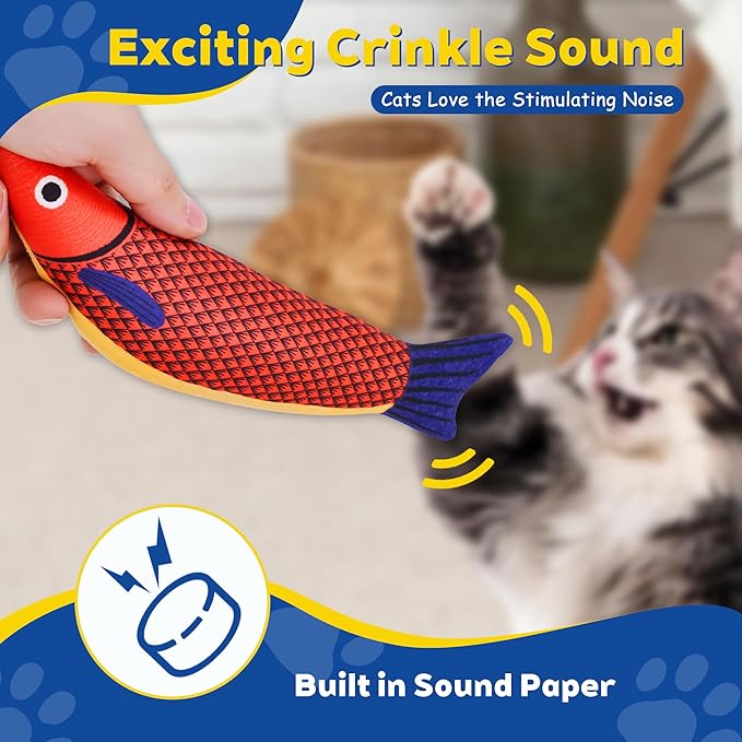3D Realistic Catnip Cat Toys 3 Pack, Durable Catnip Fish Kicker Toy for Indoor Cats, Interactive Cat Chew Toy for Teething & Biting, Rattle Fish Toy