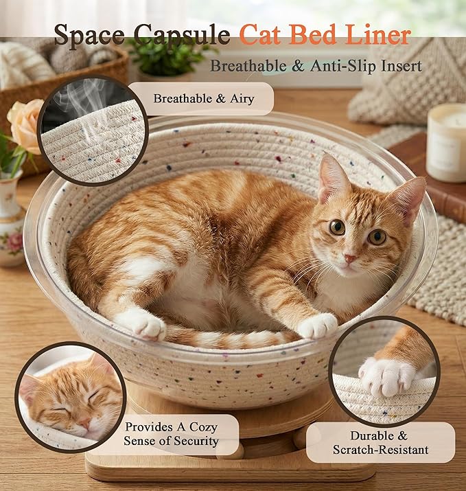 Cotton Rope Cat Bed Mat for Space Capsule, 11.8" Breathable Round Nest Liner, All-Season Warm & Cooling Pet Pad, Washable Scratch-Resistant Bedding for Cat Tree & Clear Bowl