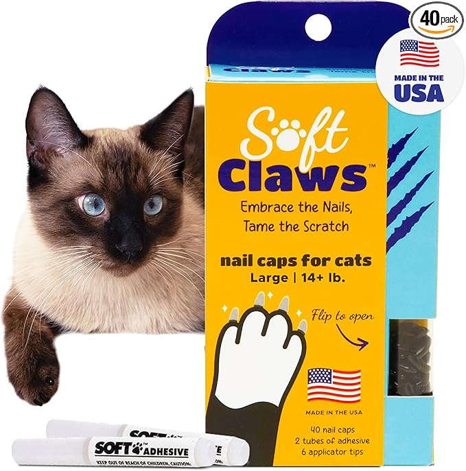 Soft Claws Cat Nail Caps for Large Cats – (40 Caps, Black) - Made in USA - Veterinarian-Developed | Protects Furniture & Skin - Easy to Apply, Long-Lasting Anti-Scratch Soft Cat Claw Covers.