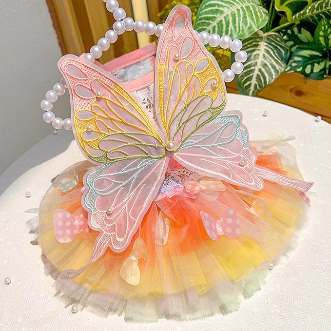BAMY Butterfly Wings Dog Dress Summer Pet Wedding Skirt Lace Princess Tutu Cute Party Cat Outfit for Small Medium Dogs (Colorful, L (Chest 19.7inch/ 50cm))