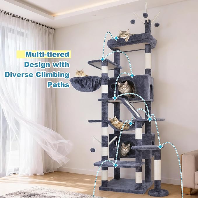 Hey-brother Cat Tree Tower, Sturdy Multi-Level Scratching Posts with Extra Supporting Part, 5 Teaser Toys, 2 Condos, Large Bed, Hammock, Scratch Baord for Indoor Cats, 82.7 Inches, Smoky Gray MPJ082G
