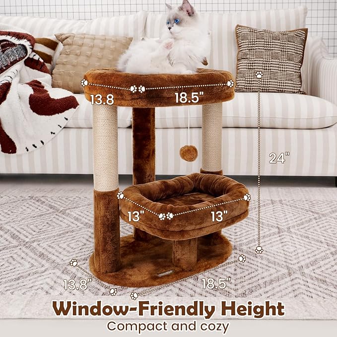 Cat Tree for Indoor Cats, Compact 2-Tier Cat Tower with Padded Donut Beds, Cozy Plush Cat Perch for Small to Medium Cats, Sisal Scratching Posts & Hanging Toy (Mocha Brown)