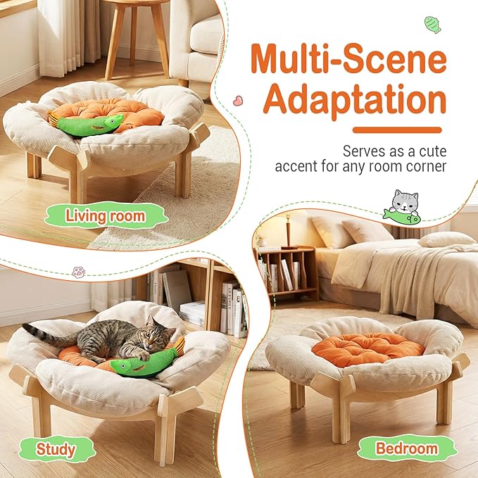 Elevated Flower Cat Bed with Thickened Soft Cushions, Aesthetic Raised Cat Chair for Indoor Cats, Wooden Cats Furniture with Toy, 39lbs Capacity (Beige Petal & Orange Center)