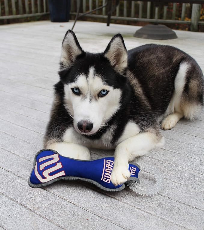Pets First NFL New York Giants Dental Dog TUG Toy with Squeaker. Tough PET Toy for Healthy Fun, Teething & Cleaning Pet's Teeth & Gum., Team Color, one Size (NYG-3310)