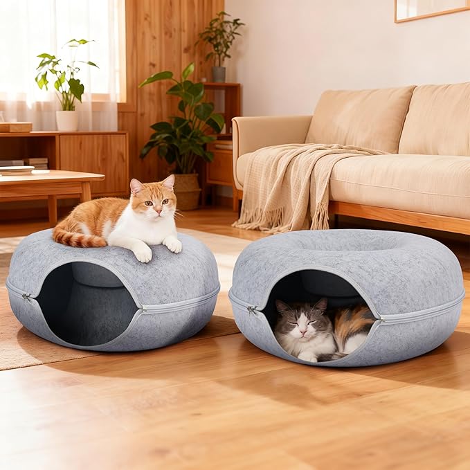 Peekaboo Cat Cave Bed for Indoor Cats, Scratch-Resistant Cat Donut Tunnel for Multiple & Large Cats, Detachable Round Cat Hideaway for Playing, Sleeping and Hiding