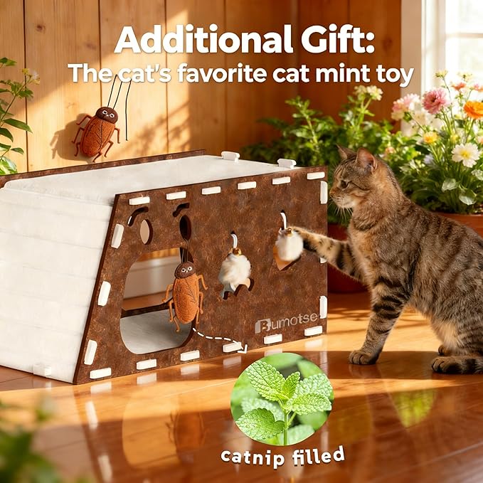 Interactive Felt Cat Tunnel for Indoor Cats with Catnip Toy, Modular Cat Cave House for Scratching, Play, Hiding & Sleeping, Durable Washable Cat Condo for Large Cats Up to 22LB,Cream