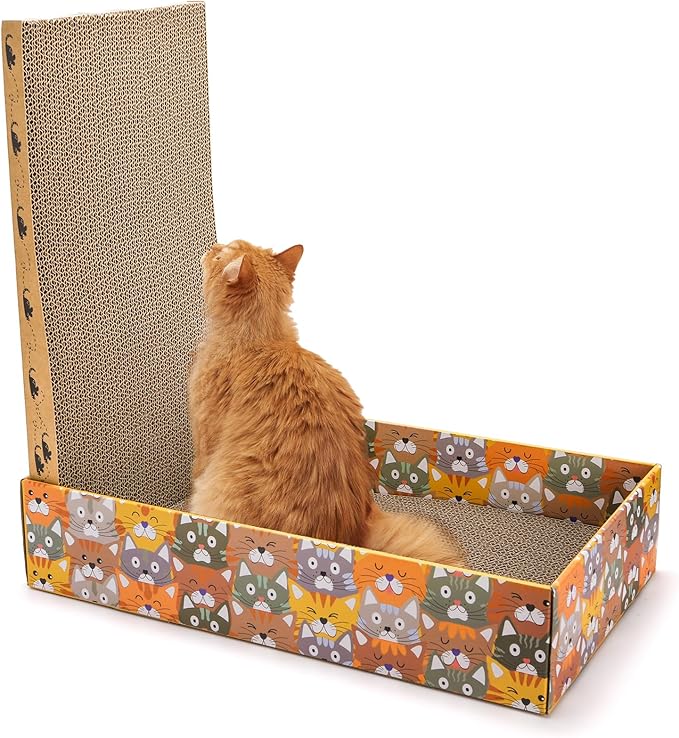 Pumtus Set of 2 Cat Scratching Boxes, 17x10 in 6 Pcs Corrugated Cardboard Pad with 2 Boxes, Large Cute Reversible Kitty Sofa Bed, Refillable Wave Shaped Lounge, Interactive Kitten Toy for Indoor Cat