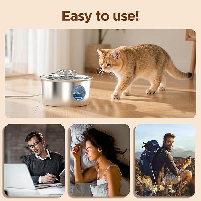 Pet Water Fountain Stainless Steel - Cat Fountain with 8 Filters & 8 Sponges - 88oz/2.6L Automatic Cat Watering Dispenser Bowl with Water Level Window - IHOUONE Quiet Fountains for Cats & Dogs Owners