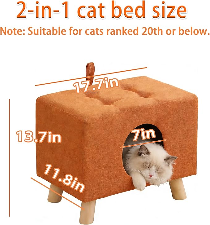 2-in-1 Cat Bed Stool, Semi-Enclosed Cat Cave Pet Bed for Indoor Cats & Small Dogs, Sturdy Wooden Legs, All-Season Cat House with 7.1” Entrance, Warm Winter Cat Furniture (Blue)