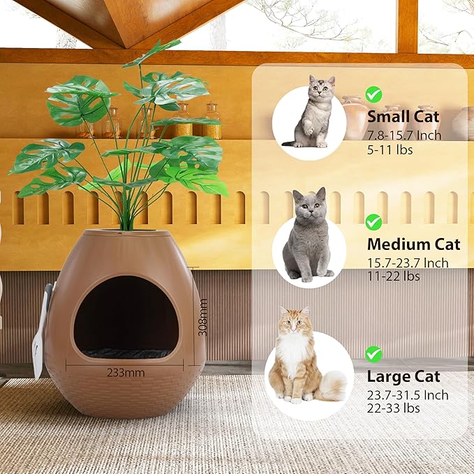 Eggloa6 Hidden Cat Litter Box with Artificial Plants - Egg-Shaped Enclosure Includes Scoop, Discreet Furniture for Home Decor, DIY Assembly Cat Litter Box Cabinet for Living Room (Coffee)