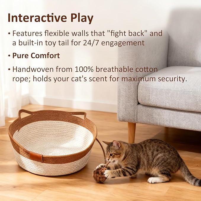 Instinct Basket for Cats - Handwoven Cotton Rope Enrichment Bed with Attached Toy Tail, Scratchable Interactive Pet Nest Features Flexible Walls to Fight Boredom & Protect Furniture (Green, L)