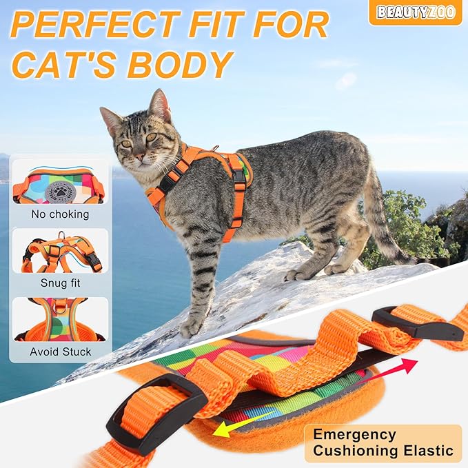 BEAUTYZOO Cat Harness and Leash for Walking, Escape Proof Soft Adjustable Vest Harnesses for Medium Large Cats, Easy Control Breathable Reflective Strips Jacket, Orange, M