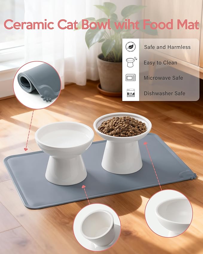 CEEFU 2 Elevated Ceramic Cat Bowls Upgraded with Food Mat, Extra Wide for Food & Water – Whisker Fatigue Shallow Food Dish, Lead & Cadmium-Free, Raised Height for Cats, White
