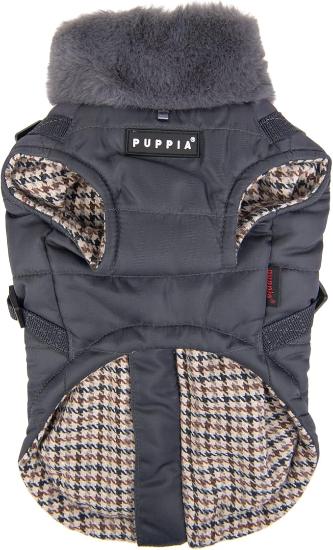 Puppia Donavan Winter Dog Coat with Integrated Harness No Pull Cold Weather Waterproof Warm Fleece Back Zipper for Small & Medium Dog, Grey, Small
