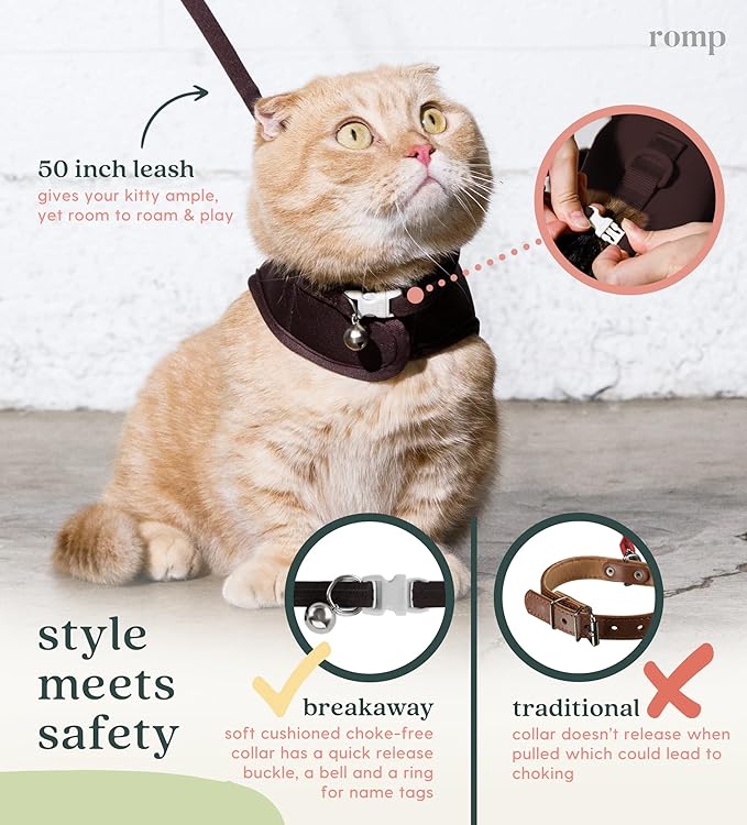 Cat Harness, Collar & Leash Set - Escape Proof Adjustable Choke Free Velcro Harness Vest for Walking Cats & Kittens (Sable Brown, Large)