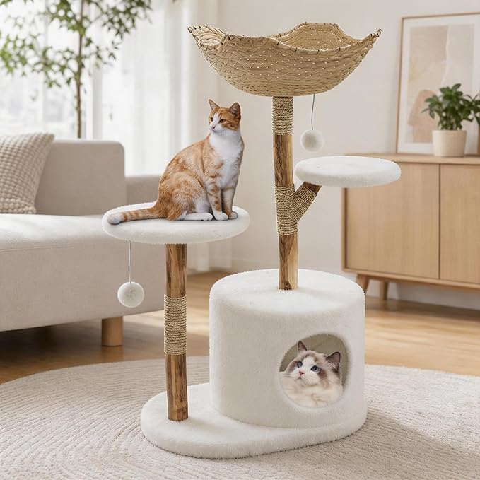 Modern Real Wood Cat Tree Tower, Multi-Level Cat Condo with Natural Wicker Basket, Scratching Posts & Dangling Balls, Tall Climbing Trees Pet Furniture with Platforms for Large Cats, One Branch