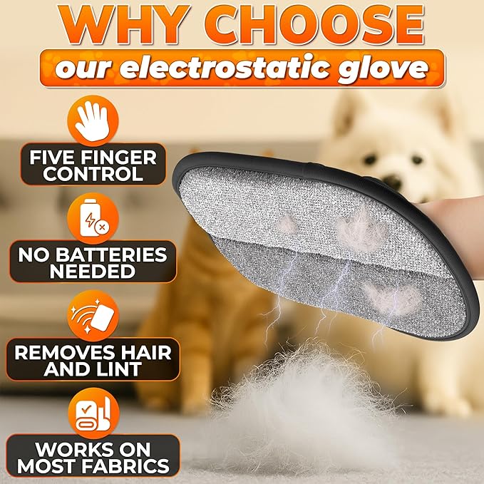 Cat Hair Remover Glove – Electrostatic Five-Finger Fur Remover for Cats & Dogs, Reusable Polyester 9.25"x6.69" for Couch, Carpet, Car Seat, Furniture & Clothing, Quick Pick-Up for Simple Tidying