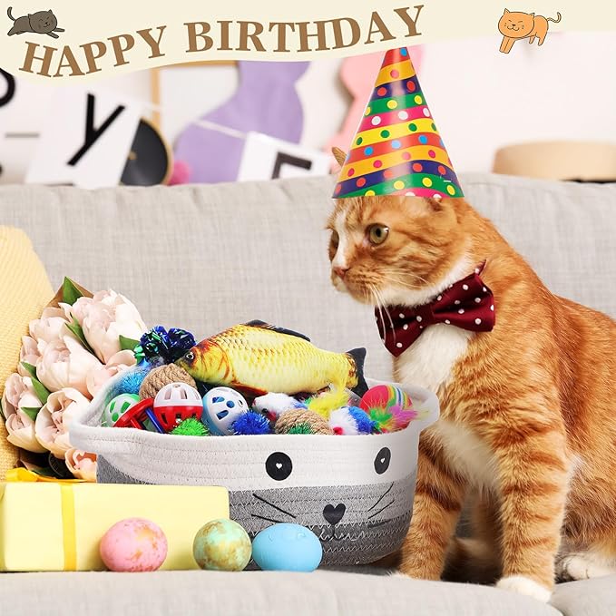 Zopeal 58 Pcs Summer Graduation Cat Storage Basket Gift Toys Set, Colorful Flashing Balls Pet Bell Crinkle Balls Spring Toys Attract Cat to Swat, Hunt, Interactive for Pet(Multicolor,9.8 Inch)