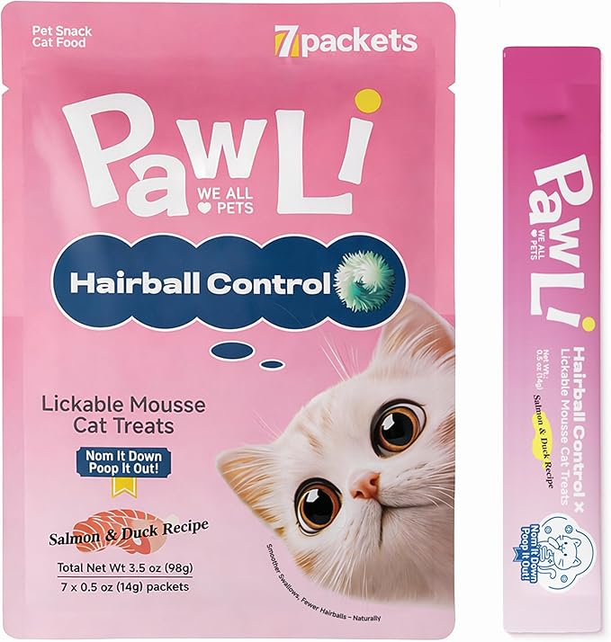 PAWLI Hairball Control Lickable Cat Treats, Squeeze Cat Treats for Hairball Relief & Digestive Support, Anti Hairball Cat Snacks, Grain-Free, 7 Count