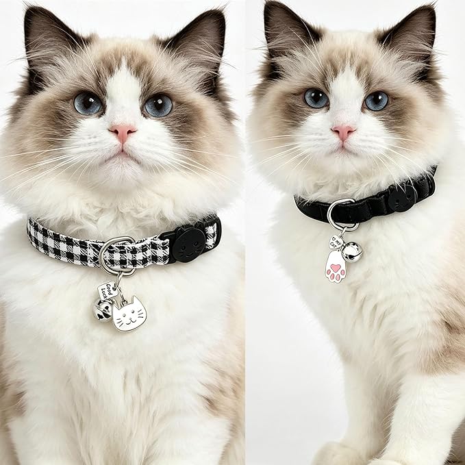 2 Pack Cotton Breakaway Cat Collars with Bell and Charms Black Solid Plaid Safety Collars for Girl Boy Cats, Cat Head and Paw Pendant Cute Kitten Collars