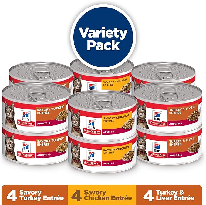 Hill's Science Diet Adult 1-6 Wet Cat Food Variety Pack, Savory Entrée Turkey & Liver, Chicken, and Turkey, 5.5 oz. Cans, 12-Pack