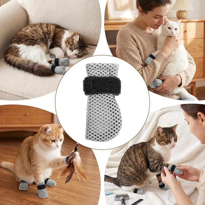 4 Pcs Cat Booties Anti Scratch Mittens Gloves Mesh Cat Claw Covers Kitten Protectors Foot Booties Breathable Adjustable Kitten Shoes to Prevent Scratching for Nail Trimming Pet Bathing