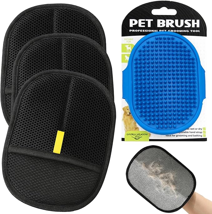 4PCS Professional Pet Hair Remover Glove Set, Black Mesh, Grooming Brush with Silicone Tips, for Dogs and Cats (3-Pack Gloves + 1 Brush)