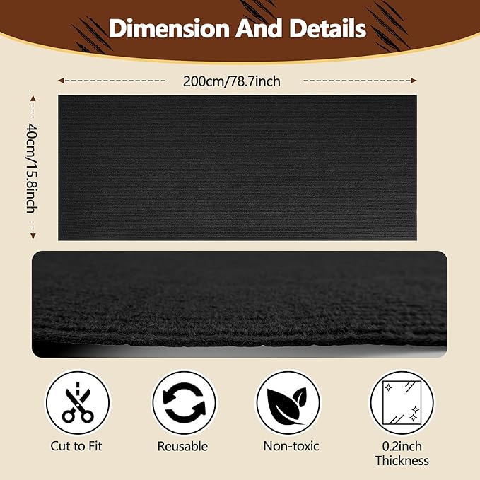 Cat Scratch Furniture Protector, 78.7"x15.8" Self Adhesive Cat Scratch Mat Pad,Cut to Fit DIY Replacement Carpet for Tree,Wall,Bed,Door, Couch Protector (Black)