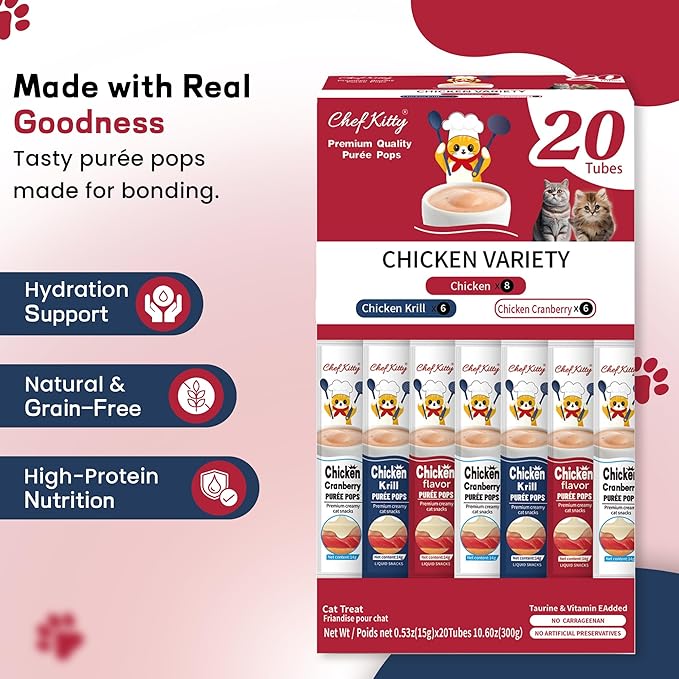 Purée Pops + Blue Feeding Spoon, Grain-Free, Lickable, Squeezable Creamy Cat Treat/Topper, 20 Tubes, Chicken Variety