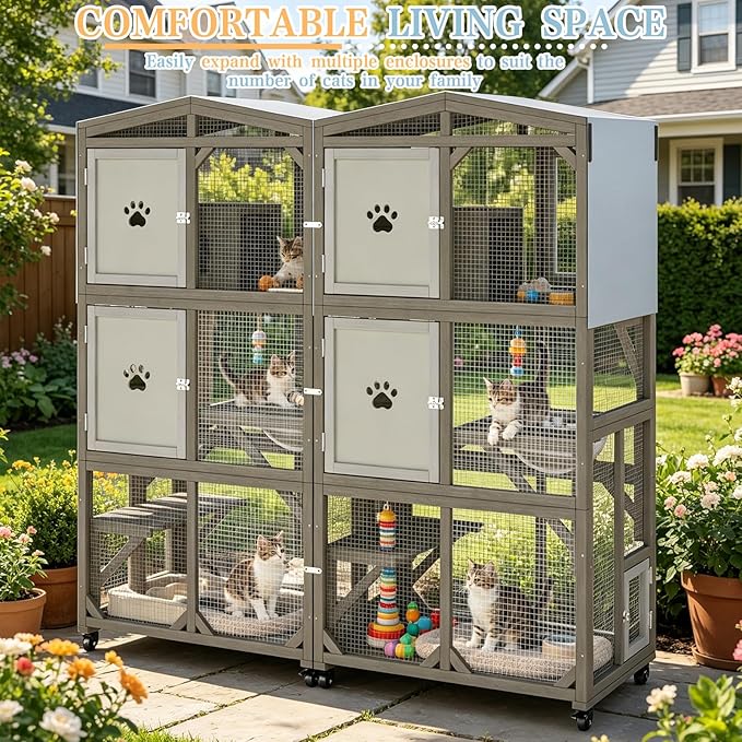 Ketive 66" H Large Catio Outdoor Cat Enclosure, Wooden Window Cat House with Wheels & 3 Platforms, Kitty Cage with Weatherproof Roof for Multiple Cats (Gray)